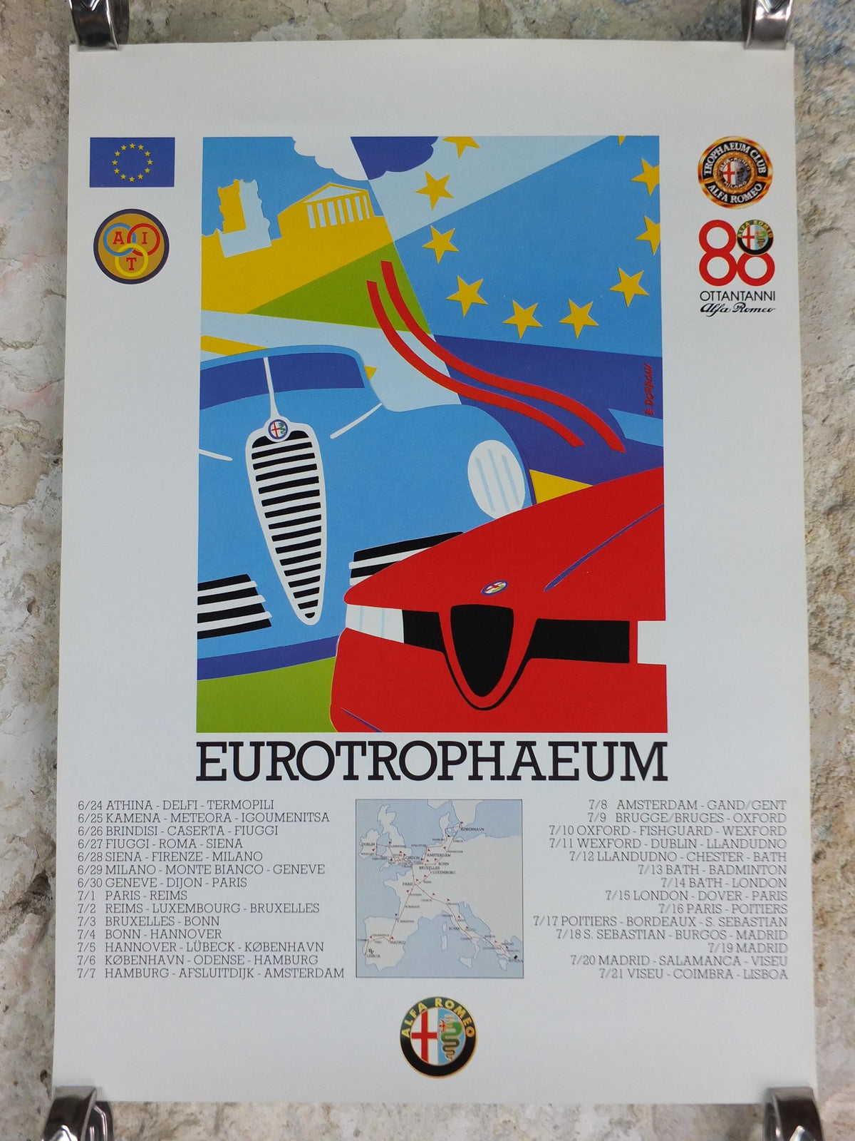 1990 Alfa Romeo EU Poster, EU12 Eurotrophaeum, 80th anniversary of Alfa Romeo, Ottantanni, art deco style by Enrico Dordoni, wall art decor