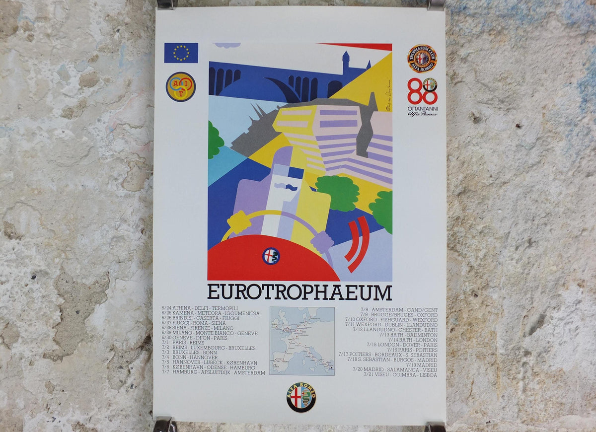 1990 Alfa Romeo Luxemburg Poster, Eurotrophaeum 80th anniversary of Alfa Romeo, Ottantanni, art deco style by Enrico Dordoni, wall art decor
