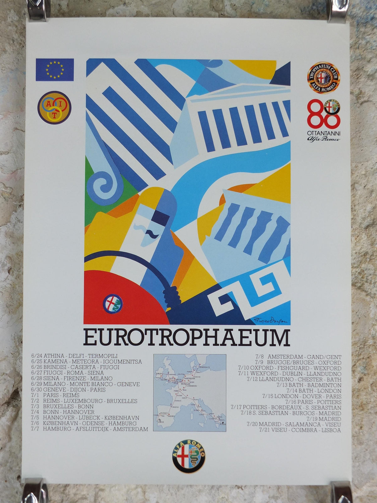 1990 Alfa Romeo Greece Poster, Athens Eurotrophaeum 80th anniversary, Ottantanni, art deco style by Enrico Dordoni, wall art decor