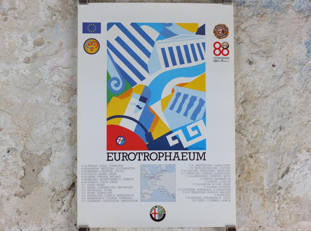1990 Alfa Romeo Greece Poster, Athens Eurotrophaeum 80th anniversary, Ottantanni, art deco style by Enrico Dordoni, wall art decor