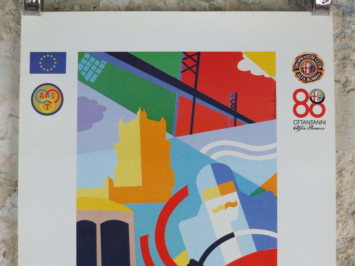 1990 Alfa Romeo Portugal Poster, Lisbon Eurotrophaeum, 80th anniversary, Ottantanni, art deco style by Enrico Dordoni, wall art decor