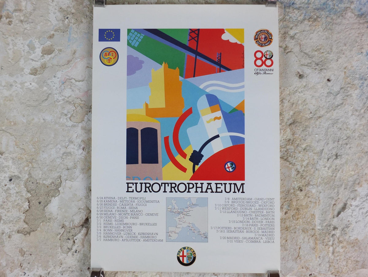 1990 Alfa Romeo Portugal Poster, Lisbon Eurotrophaeum, 80th anniversary, Ottantanni, art deco style by Enrico Dordoni, wall art decor