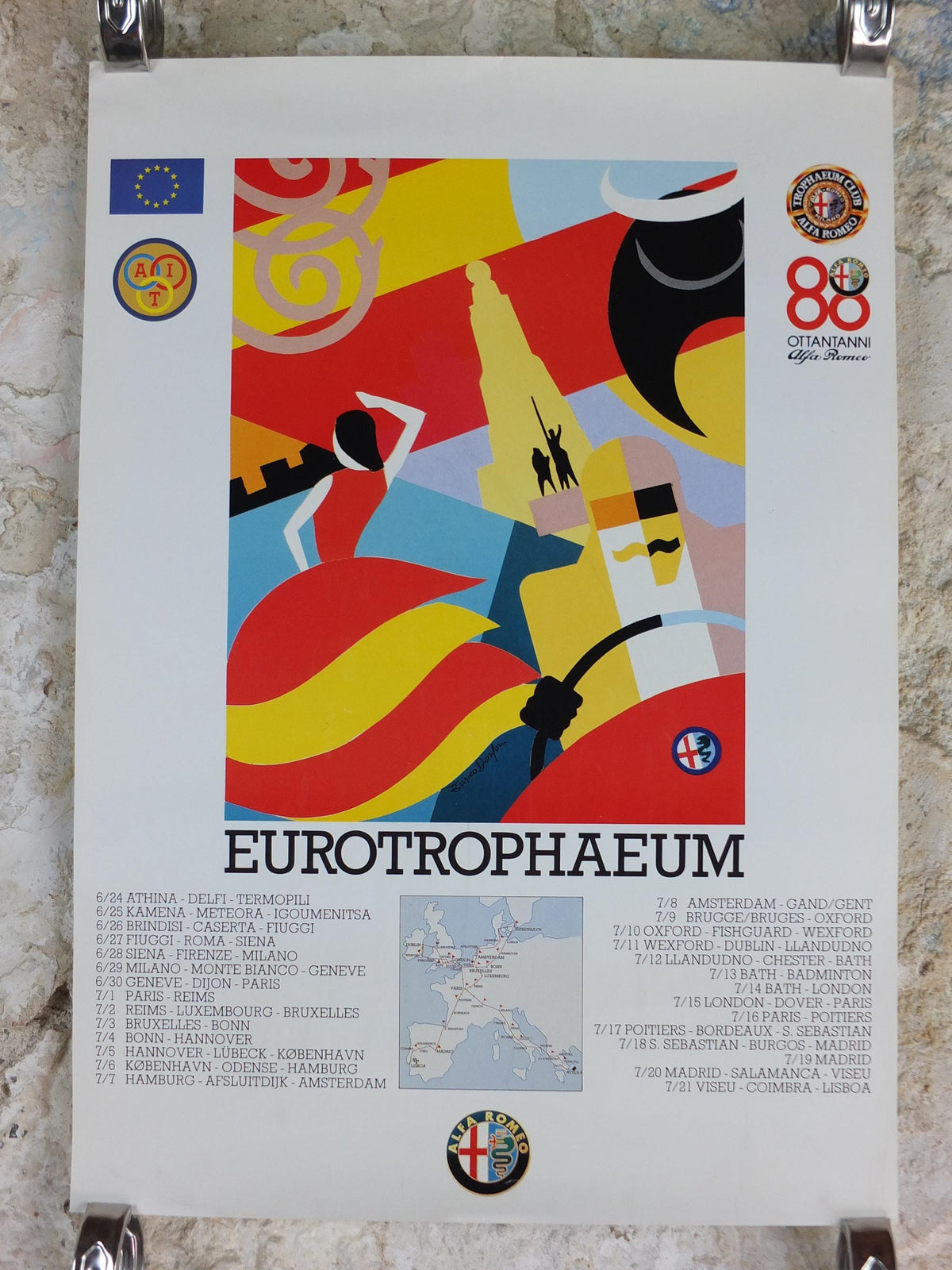 1990 Alfa Romeo Spain Poster, Madrid Eurotrophaeum, 80th anniversary, Ottantanni, art deco style by Enrico Dordoni, wall art decor