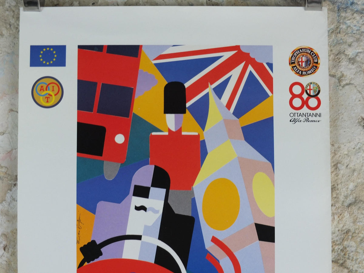 1990 Alfa Romeo United Kingdom Poster, London Eurotrophaeum, 80th anniversary, Ottantanni, art deco style by Enrico Dordoni, wall art decor