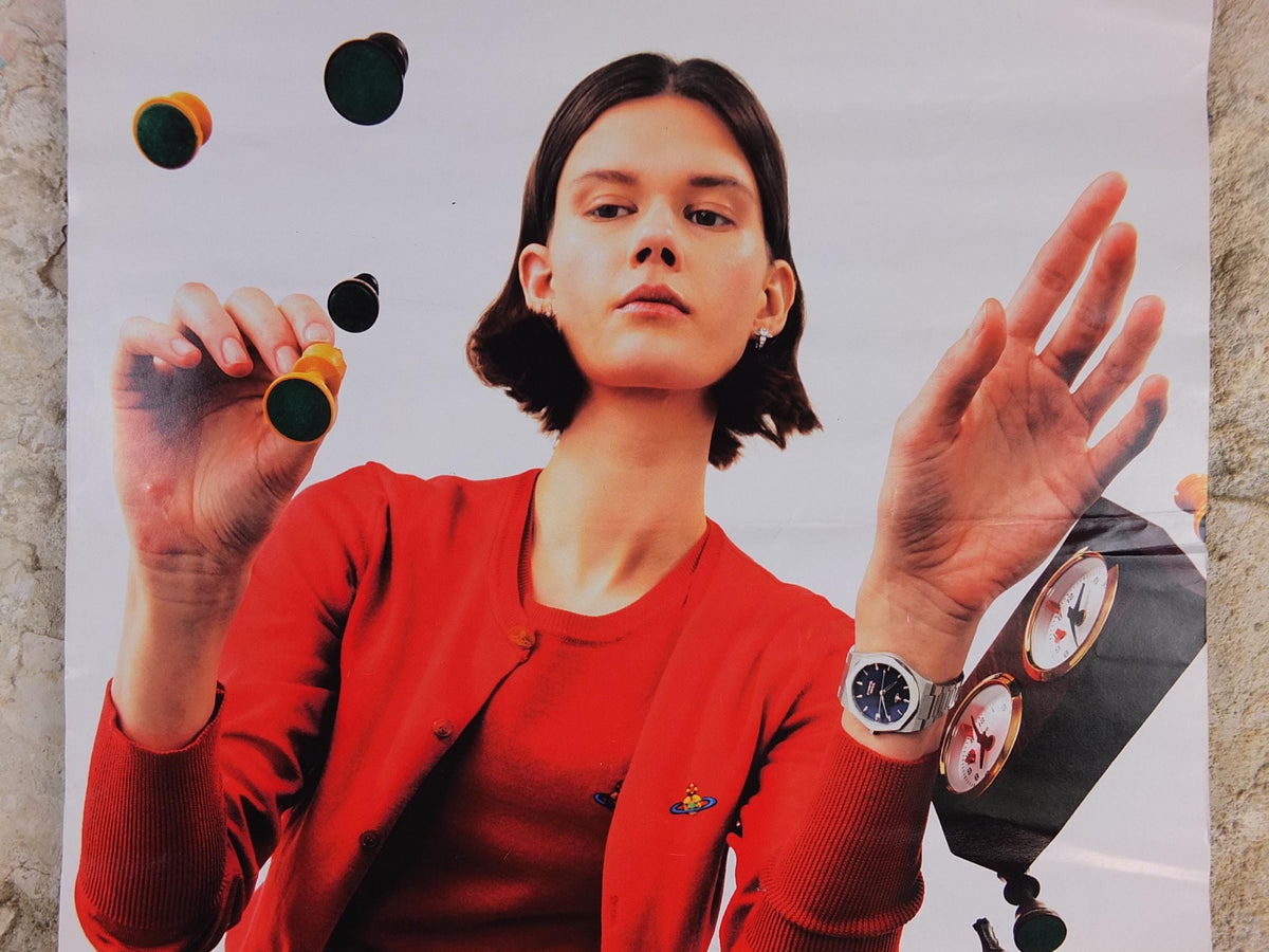 1990s Vivienne Westwood Poster, Time Machine watches and time pieces, transparent chess, gallery exhibition wall art decor