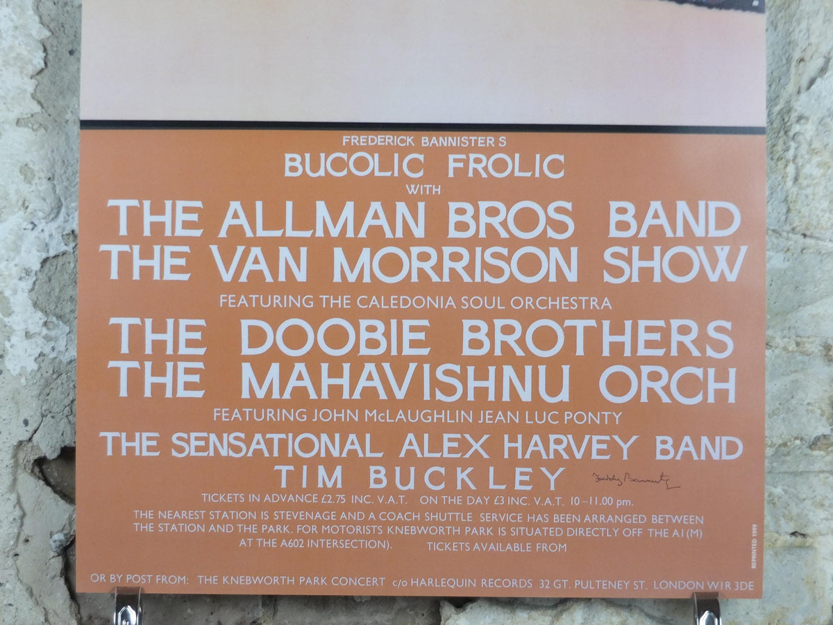 1974 Knebworth Park Concert Poster, Van Morrison, Bucolic Frolic, Signed by Freddy Bannister, 1999 reprint, Psychedelic rock music, wall art