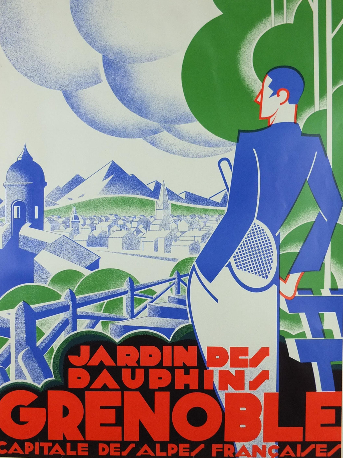 Grenoble Tennis Poster, Jardin des Dauphins by Gaston Gorde, French reproduction of 1930 poster from 1970s, art deco, wall art decor