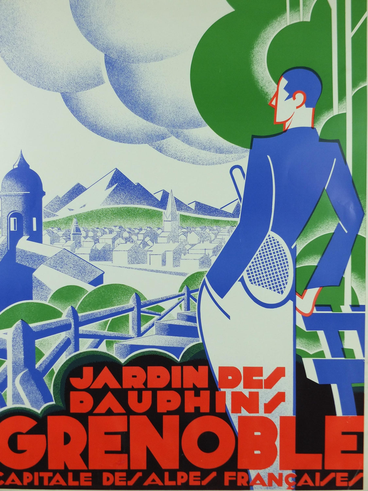 Grenoble Tennis Poster, Jardin des Dauphins by Gaston Gorde, French reproduction of 1930 poster from 1970s, art deco, wall art decor