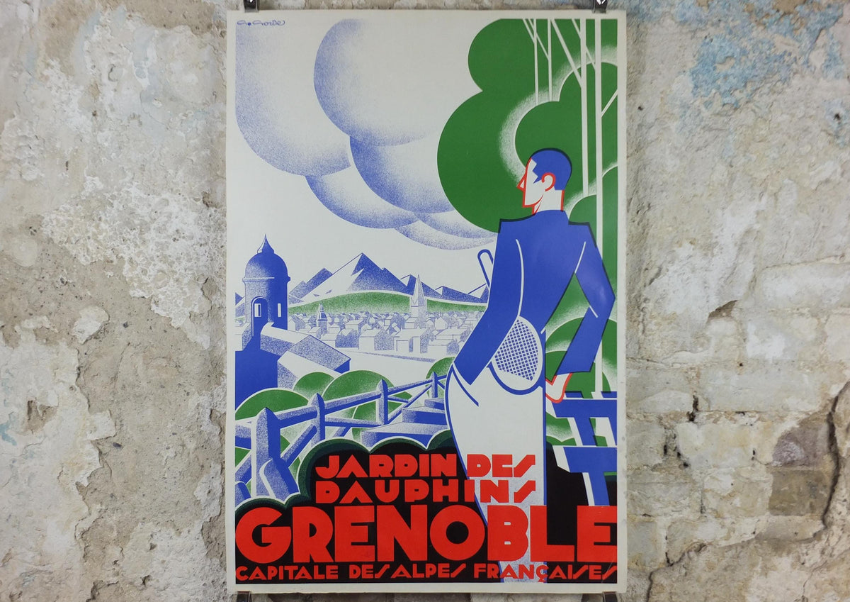 Grenoble Tennis Poster, Jardin des Dauphins by Gaston Gorde, French reproduction of 1930 poster from 1970s, art deco, wall art decor