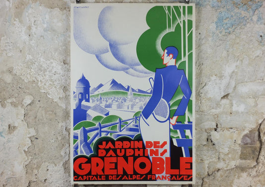 Grenoble Tennis Poster, Jardin des Dauphins by Gaston Gorde, French reproduction of 1930 poster from 1970s, art deco, wall art decor