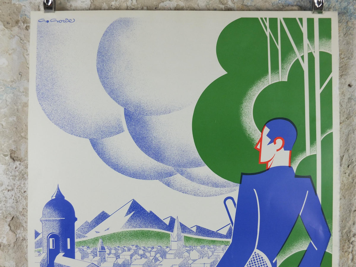 Grenoble Tennis Poster, Jardin des Dauphins by Gaston Gorde, French reproduction of 1930 poster from 1970s, art deco, wall art decor
