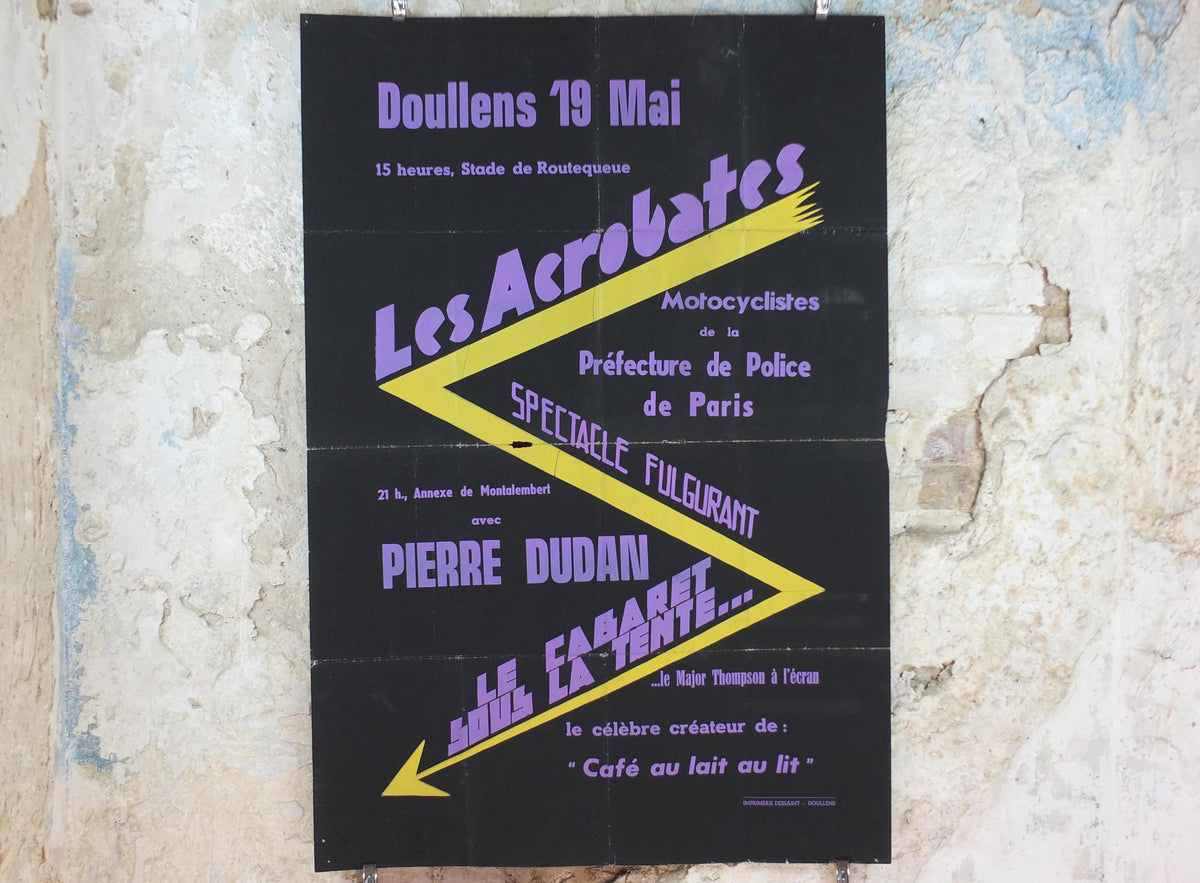 1960s Motorcycle Acrobatics Poster, Les Acrobates, Doullens France, Motorcyclistes Paris, Entertainment Extravaganza, retro wall art decor