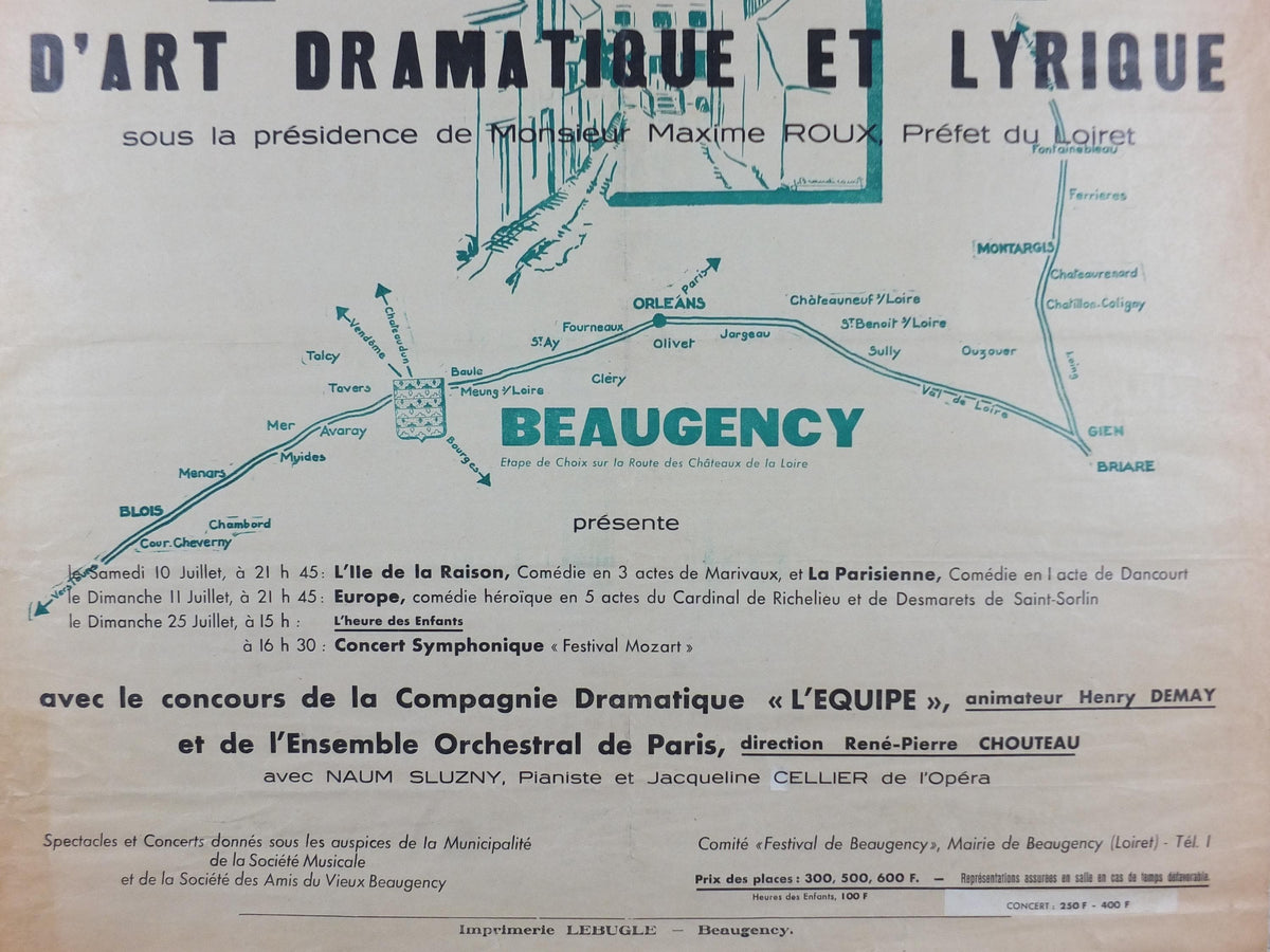 1953 Orleans Beaugency Poster, Festival of the Arts, music and theatre, Paris, Briare & Blois, wall art decor