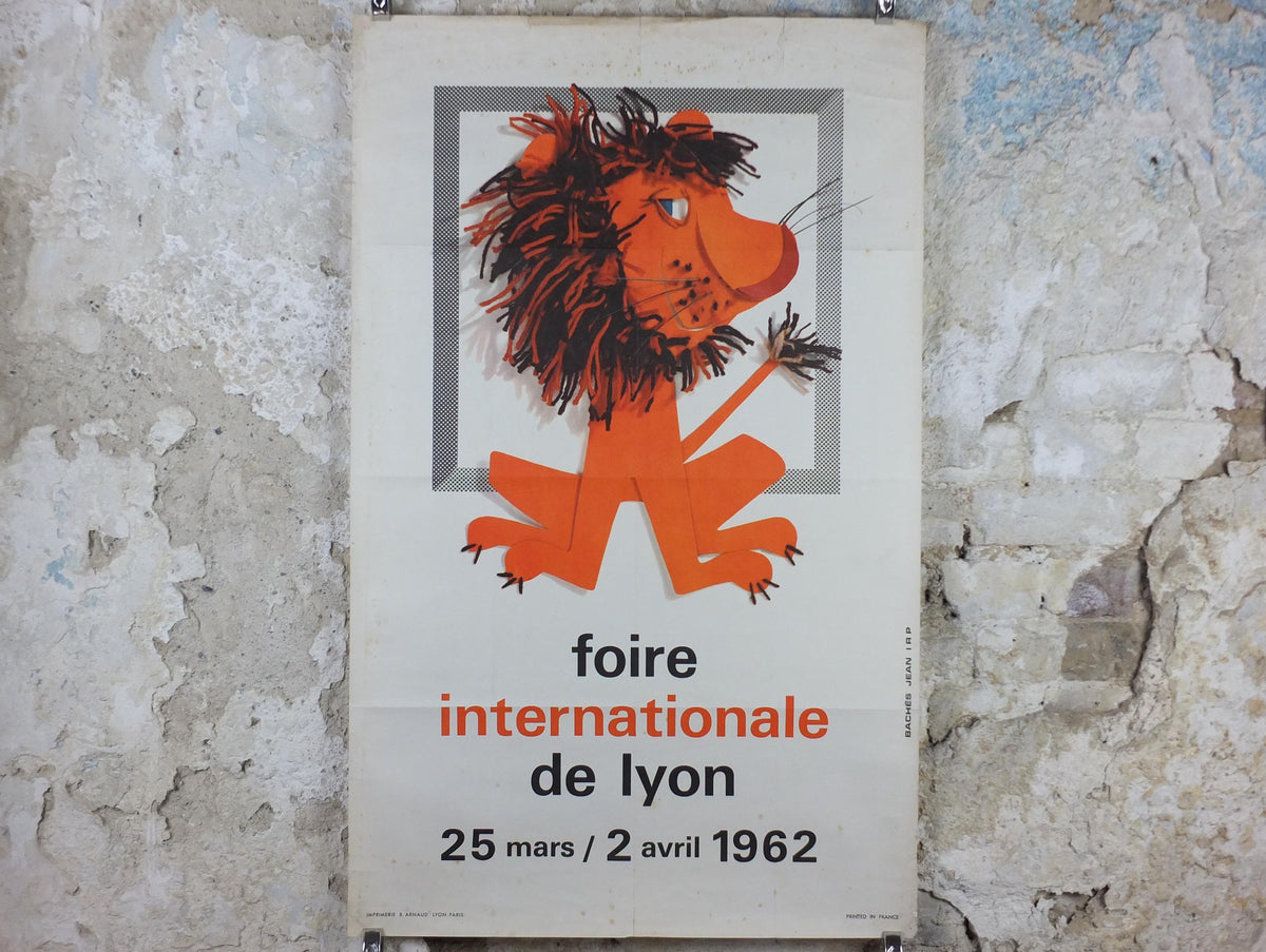 1962 International Fair Lyon Poster, The Orange Lion of Lyon, Original Vintage French, Advertising print, wall art retro decor