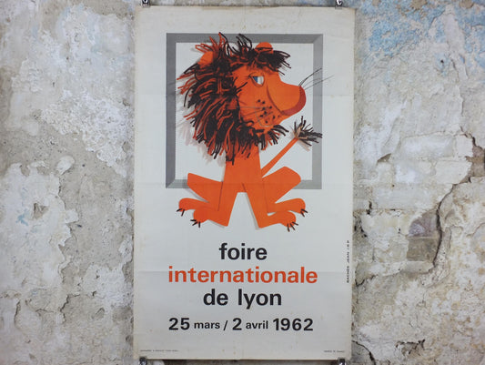 1962 International Fair Lyon Poster, The Orange Lion of Lyon, Original Vintage French, Advertising print, wall art retro decor
