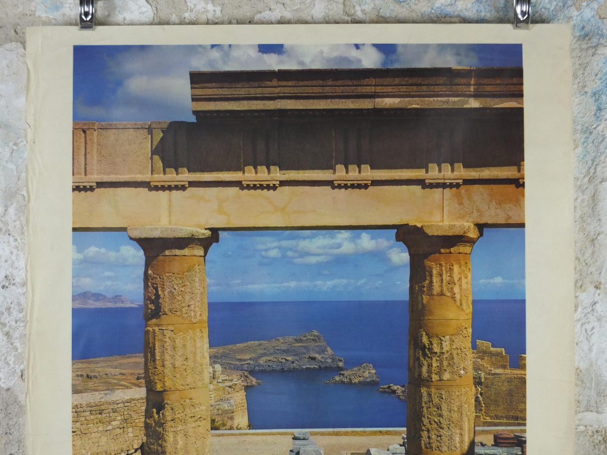 1960 Rhodes Greece Travel Poster, Ροδοσ, Temple of Apollo, Lindos, acropolis, travel tourism, holiday vacation, wall art decor