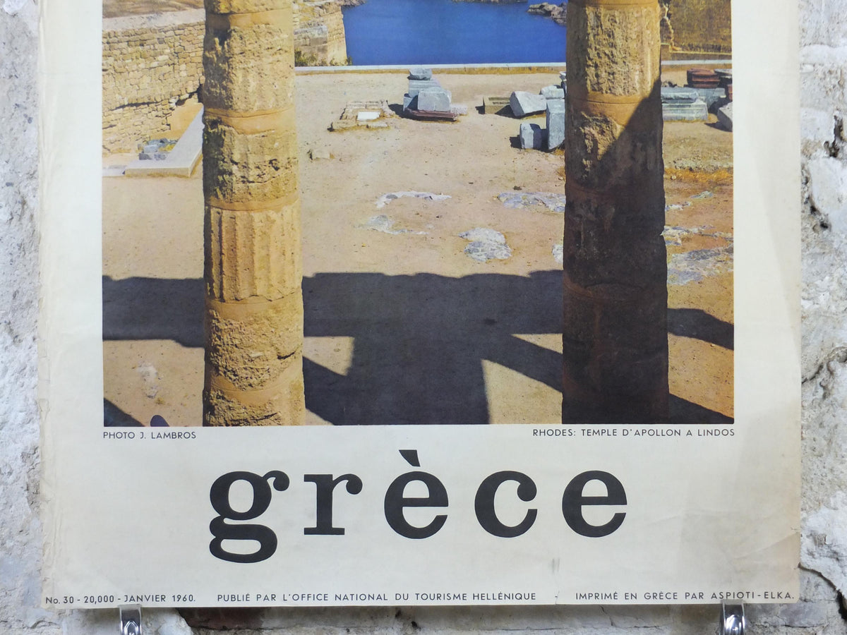 1960 Rhodes Greece Travel Poster, Ροδοσ, Temple of Apollo, Lindos, acropolis, travel tourism, holiday vacation, wall art decor