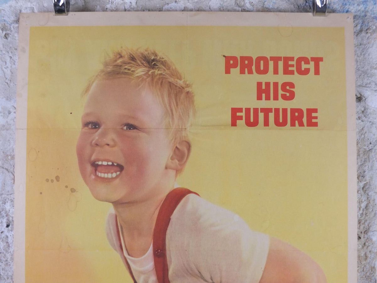 1944 War Bonds Poster, Protect His Future, Laughing Boy, Buy and Keep War Bonds, by Ruth Nichols, WFD 977-A, US Treasury wall art decor