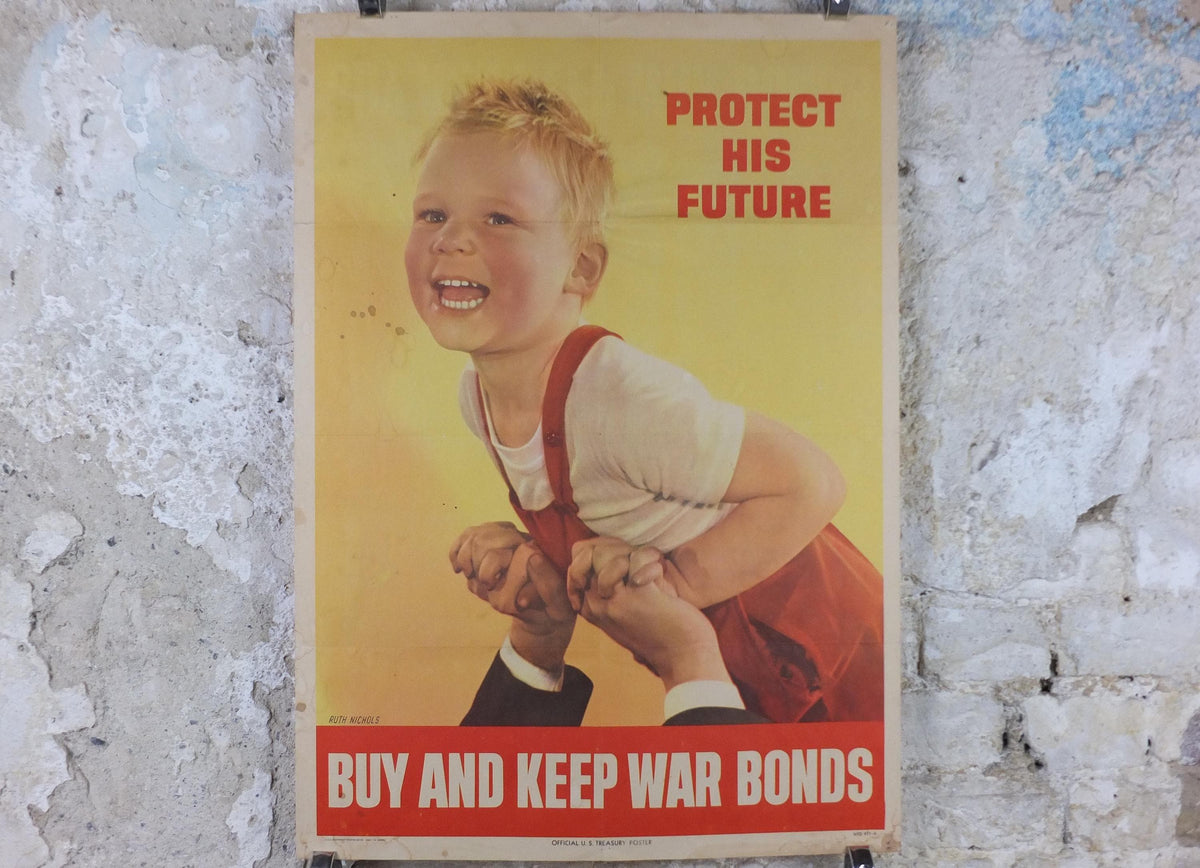 1944 War Bonds Poster, Protect His Future, Laughing Boy, Buy and Keep War Bonds, by Ruth Nichols, WFD 977-A, US Treasury wall art decor