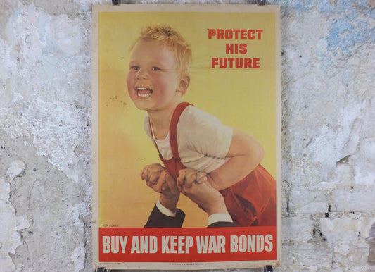 1944 War Bonds Poster, Protect His Future, Laughing Boy, Buy and Keep War Bonds, by Ruth Nichols, WFD 977-A, US Treasury wall art decor