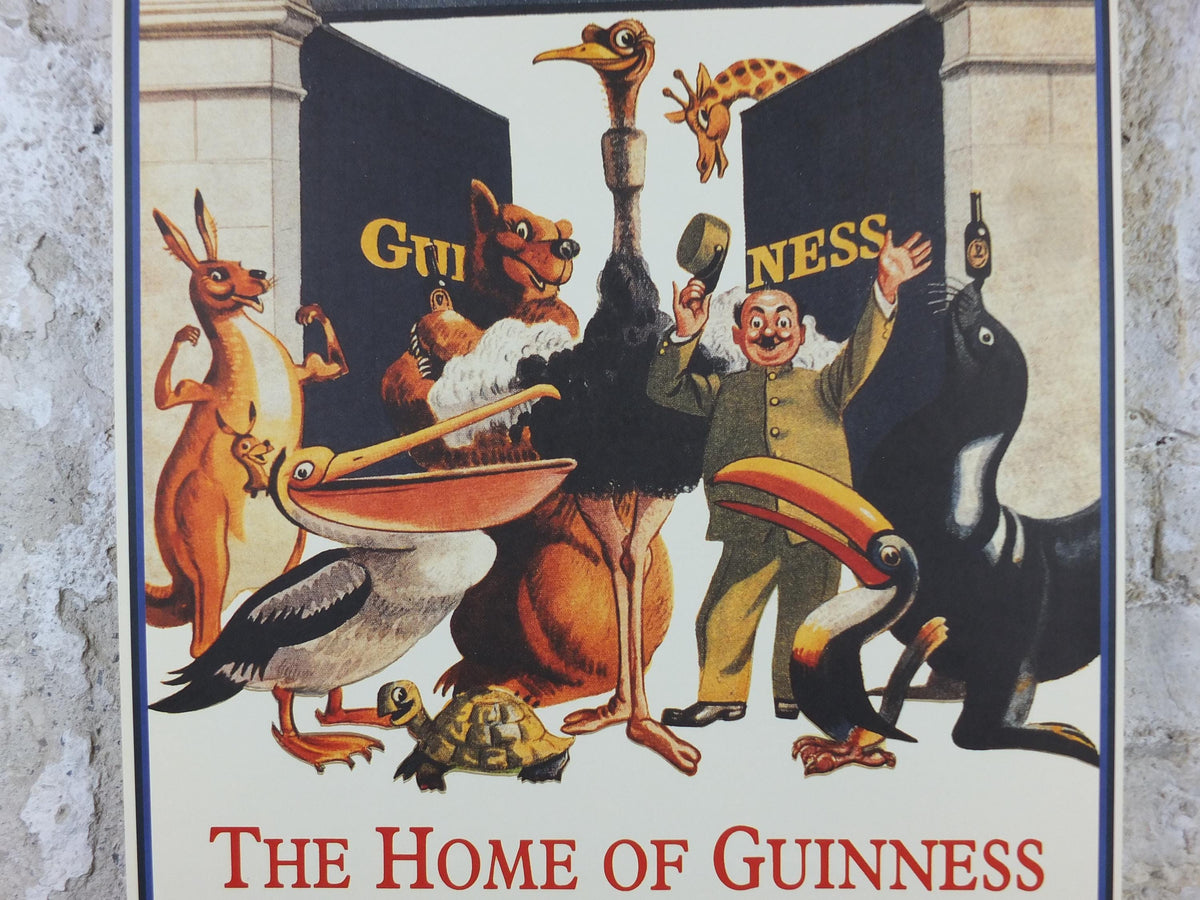 1990s Guinness St James Gate Poster, from Guinness Museum, By John Gilroy 1959, zookeeper with Guinness animals, Wall art decor