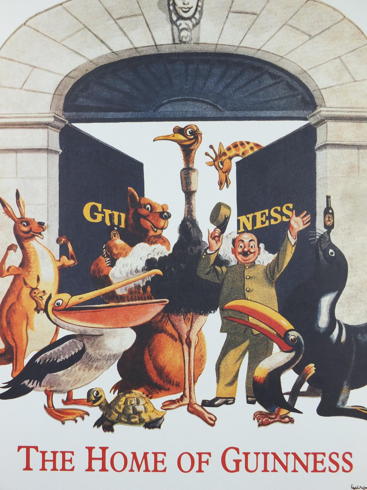 1990s Guinness St James Gate Poster, from Guinness Museum, By John Gilroy 1959, zookeeper with Guinness animals, Wall art decor