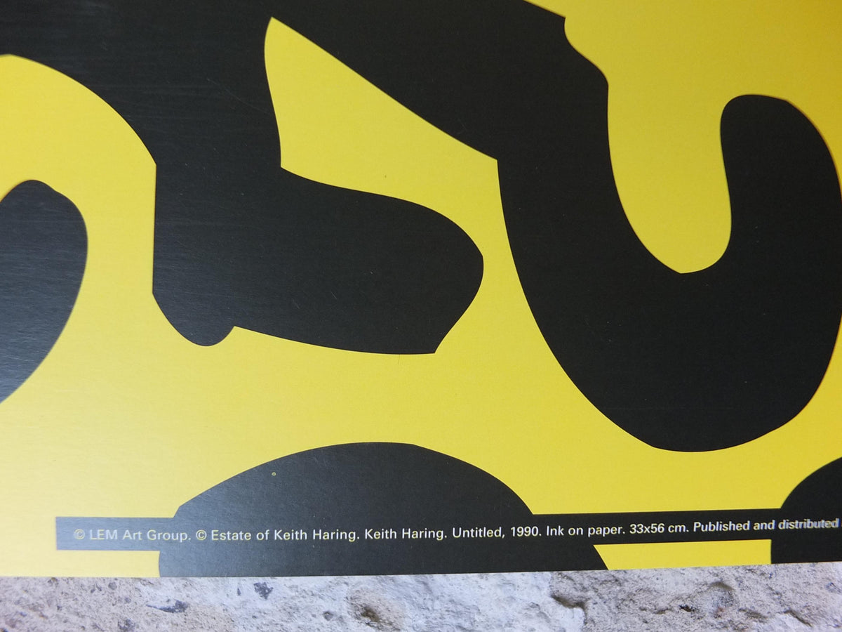 1990 Keith Haring Poster, Yellow untitled 1990, long yellow poster with black figures and symbols, Pop Art, Street, wall decor