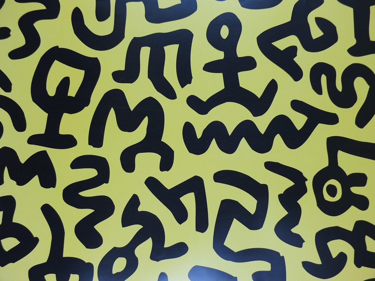 1990 Keith Haring Poster, Yellow untitled 1990, long yellow poster with black figures and symbols, Pop Art, Street, wall decor