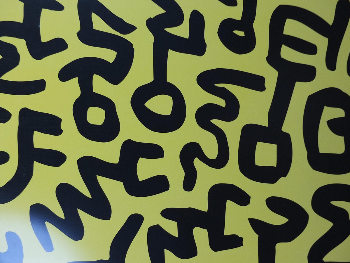 1990 Keith Haring Poster, Yellow untitled 1990, long yellow poster with black figures and symbols, Pop Art, Street, wall decor