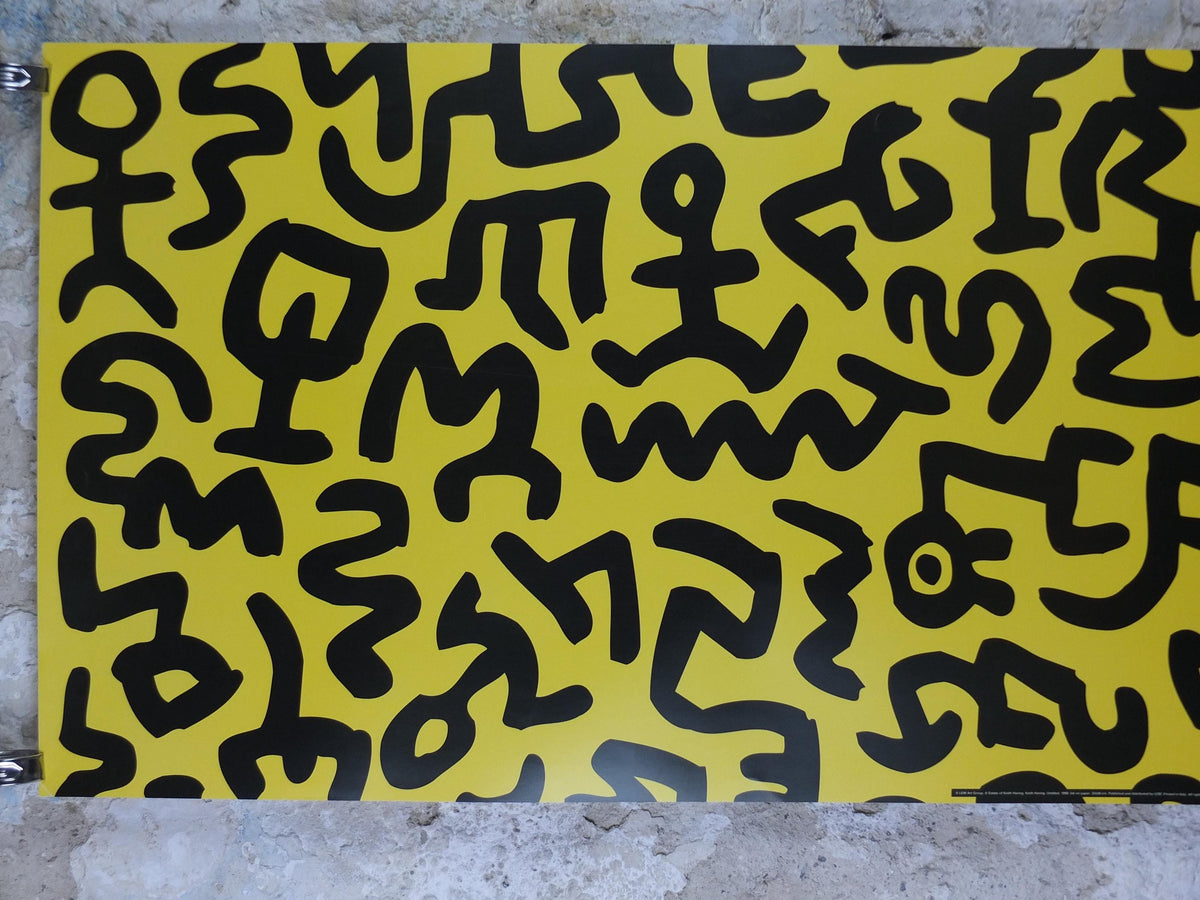 1990 Keith Haring Poster, Yellow untitled 1990, long yellow poster with black figures and symbols, Pop Art, Street, wall decor