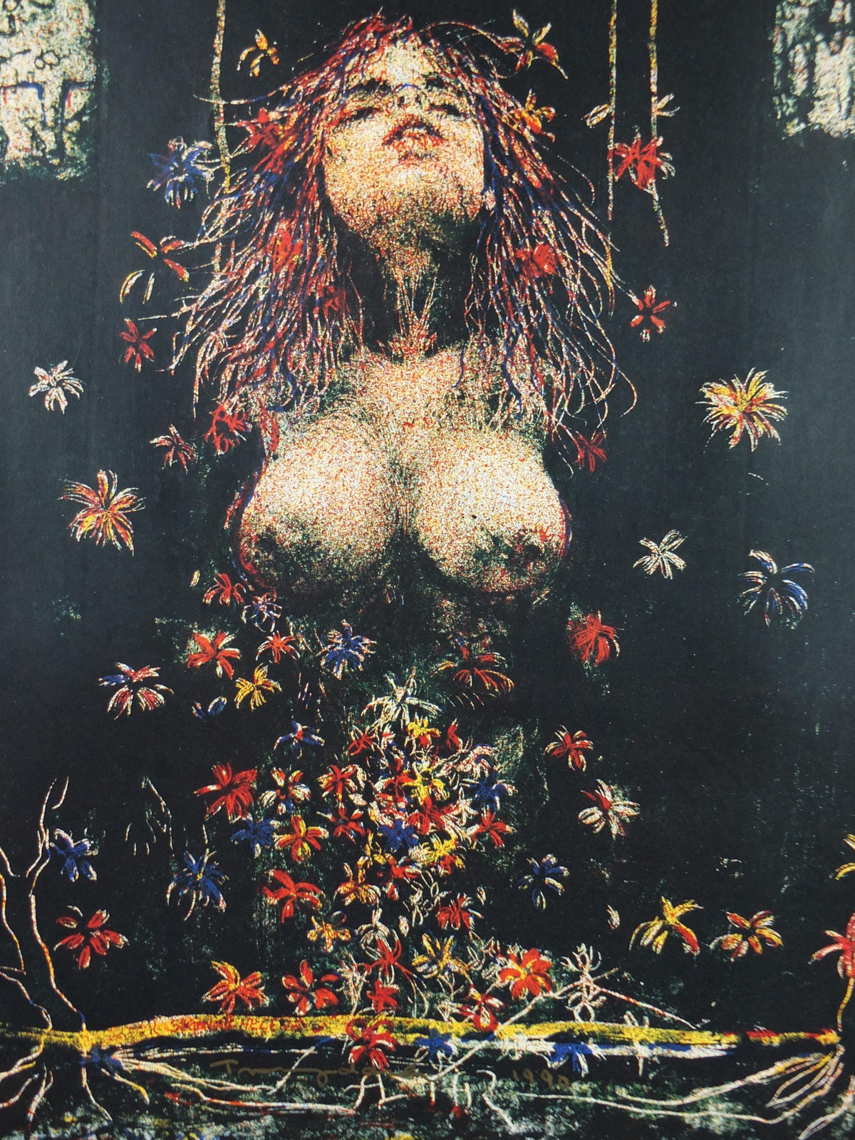Signed 1990 Kurt Trampedach Poster, The Flower Girl, Blomsterpige, signed in gold ink, Cubism Surrealism, gallery exhibition, wall art decor