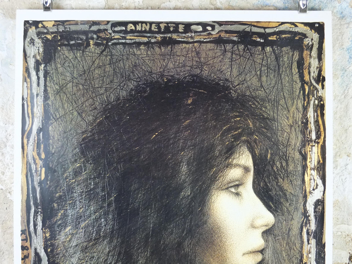 Signed 1983 Kurt Trampedach Poster, Annette, hand signed in 1992, dark and brooding portrait, gallery exhibition, wall art decor
