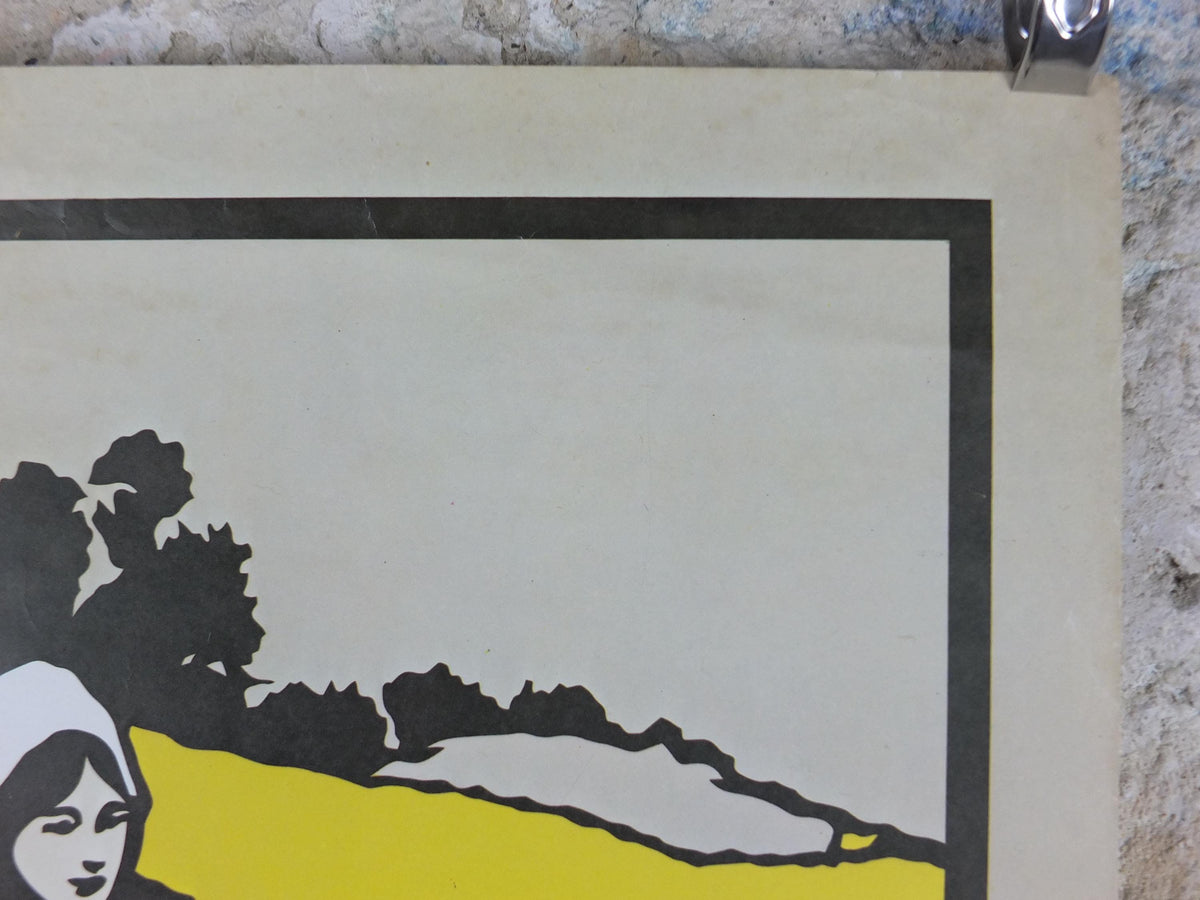 1970s Colemans Mustard Poster, woman gathering yellow flowers, Kitchen decoration or Kitchenalia print wall art decor