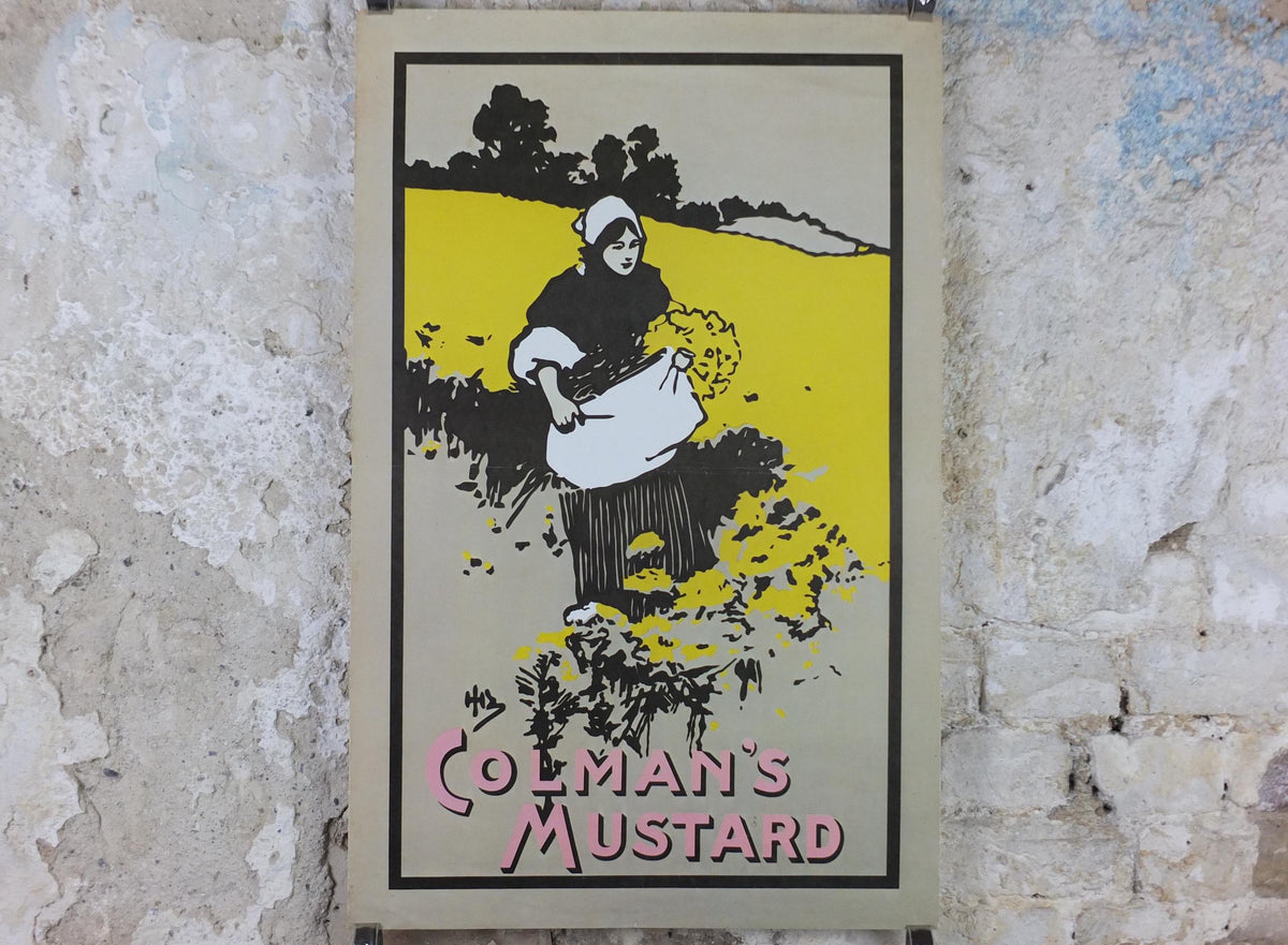 1970s Colemans Mustard Poster, woman gathering yellow flowers, Kitchen decoration or Kitchenalia print wall art decor