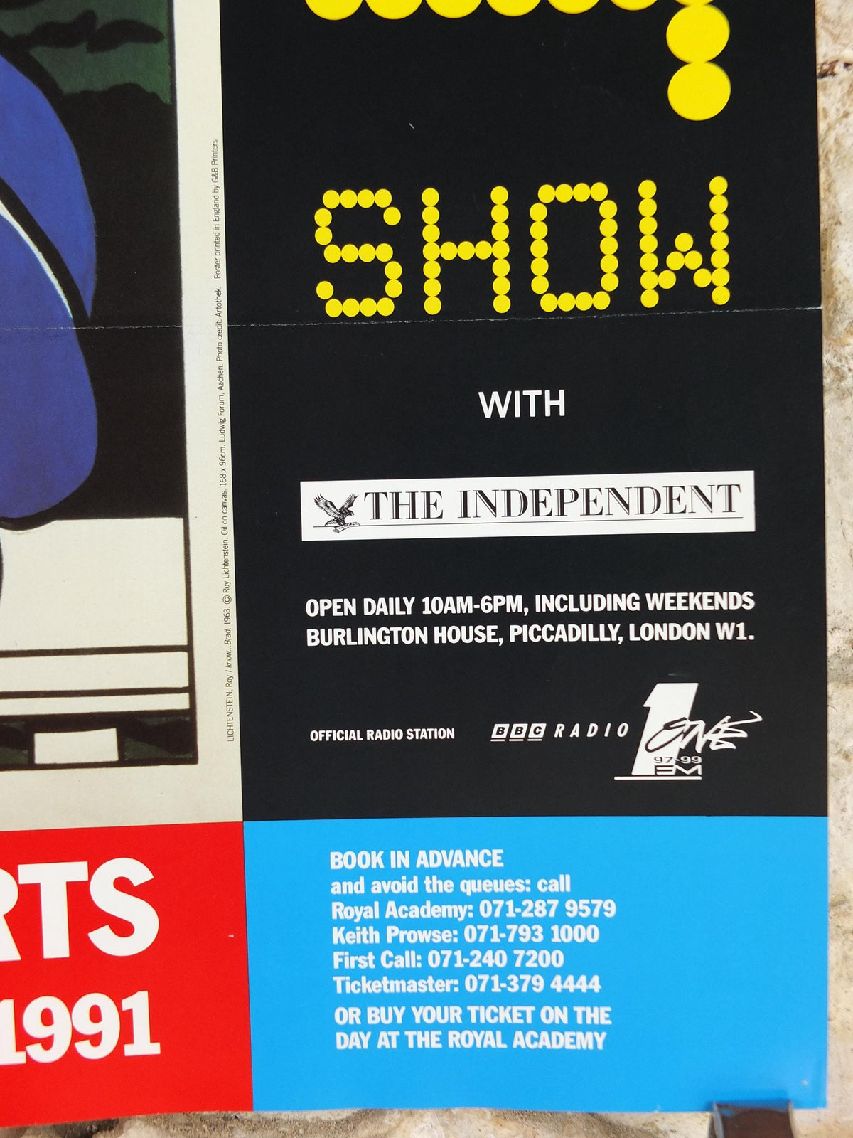 1991 Royal Academy of Arts Poster, Roy Lichtenstein, "I know... Brad" 1963 Pop Art artist gallery exhibition, wall art decor