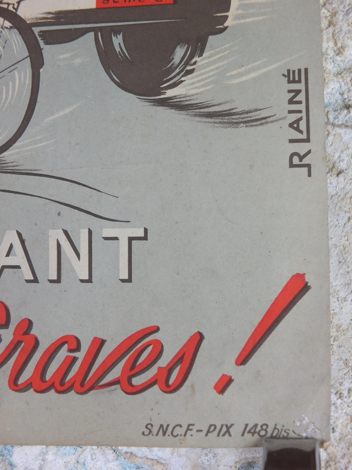 1950s SNCF cycle safety poster, avoiding serious mistakes, by R Iaine, industrial, train rail dangers, retro wall art decor