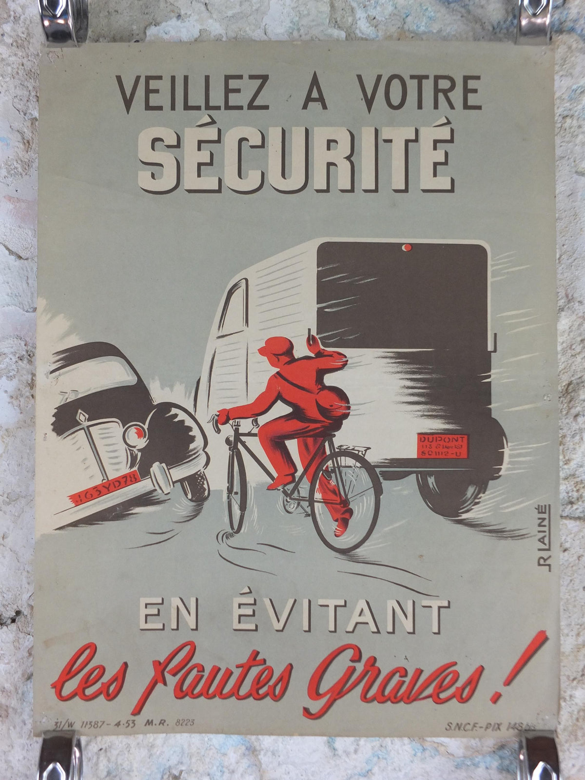 1950s SNCF cycle safety poster, avoiding serious mistakes, by R Iaine, industrial, train rail dangers, retro wall art decor
