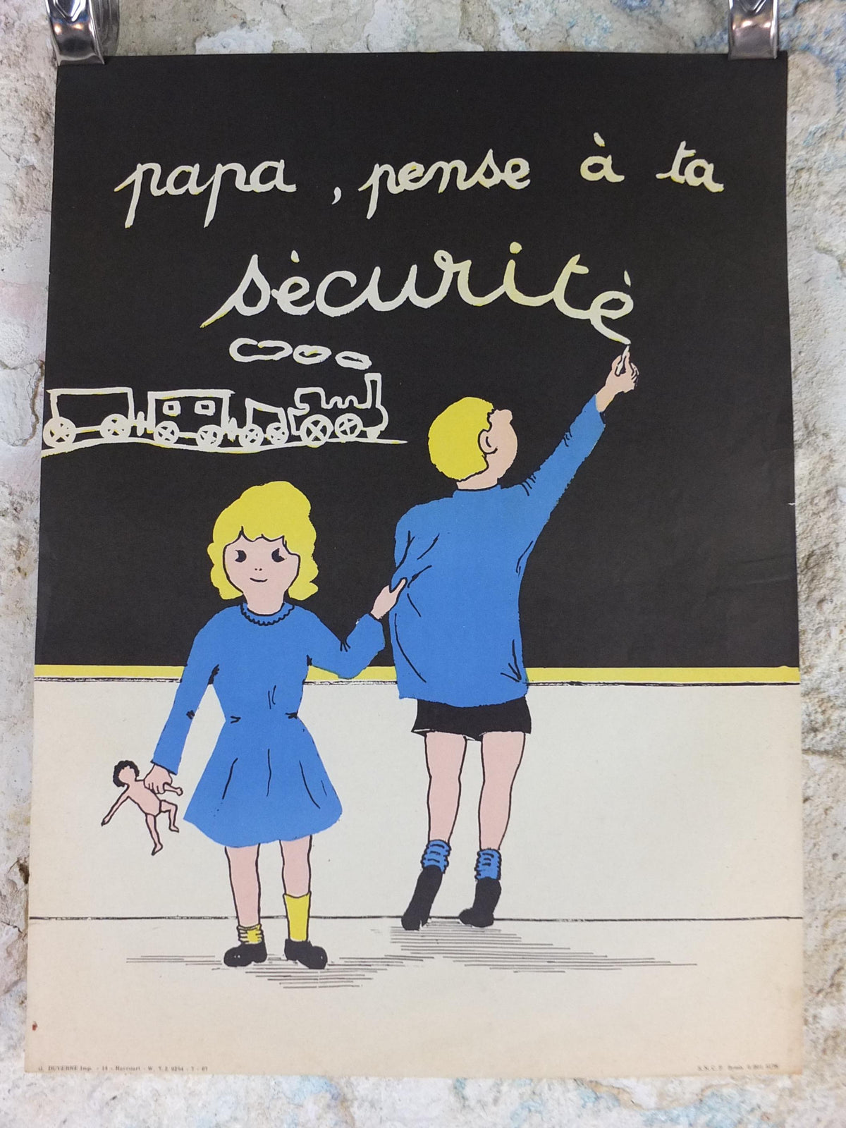 1950s SNCF rail safety poster, Dad thinks about safety, by Duverne, industrial, train rail dangers, retro wall art decor