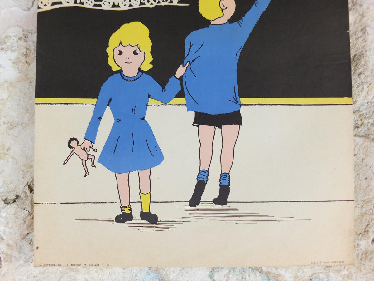 1950s SNCF rail safety poster, Dad thinks about safety, by Duverne, industrial, train rail dangers, retro wall art decor