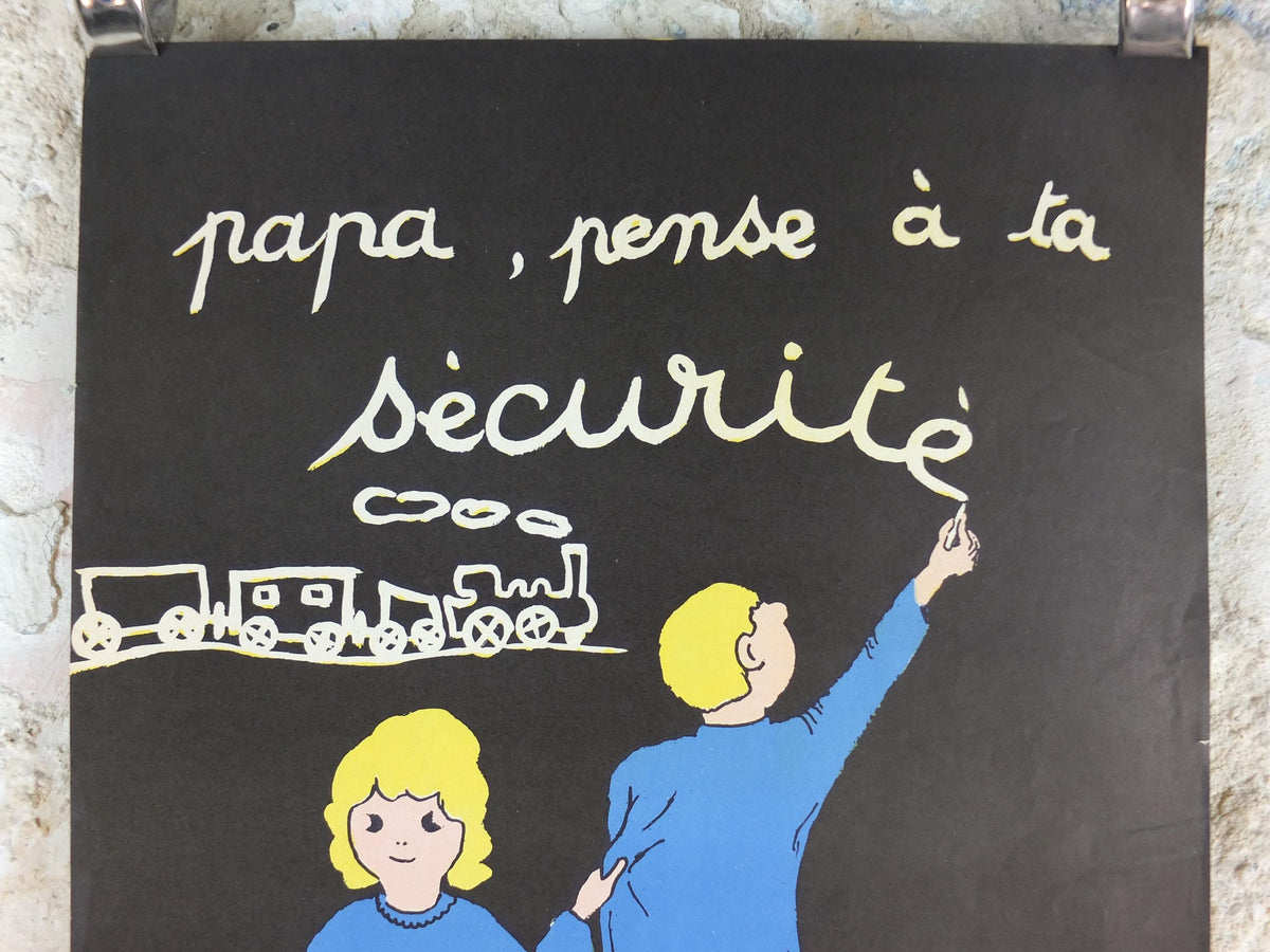 1950s SNCF rail safety poster, Dad thinks about safety, by Duverne, industrial, train rail dangers, retro wall art decor
