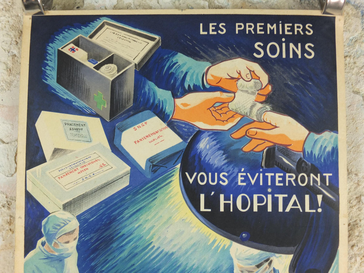 1950s Vintage First Aid French, bandages, theatre surgery, doctors, by Durupt, first aid kit, health dangers, retro wall art decor