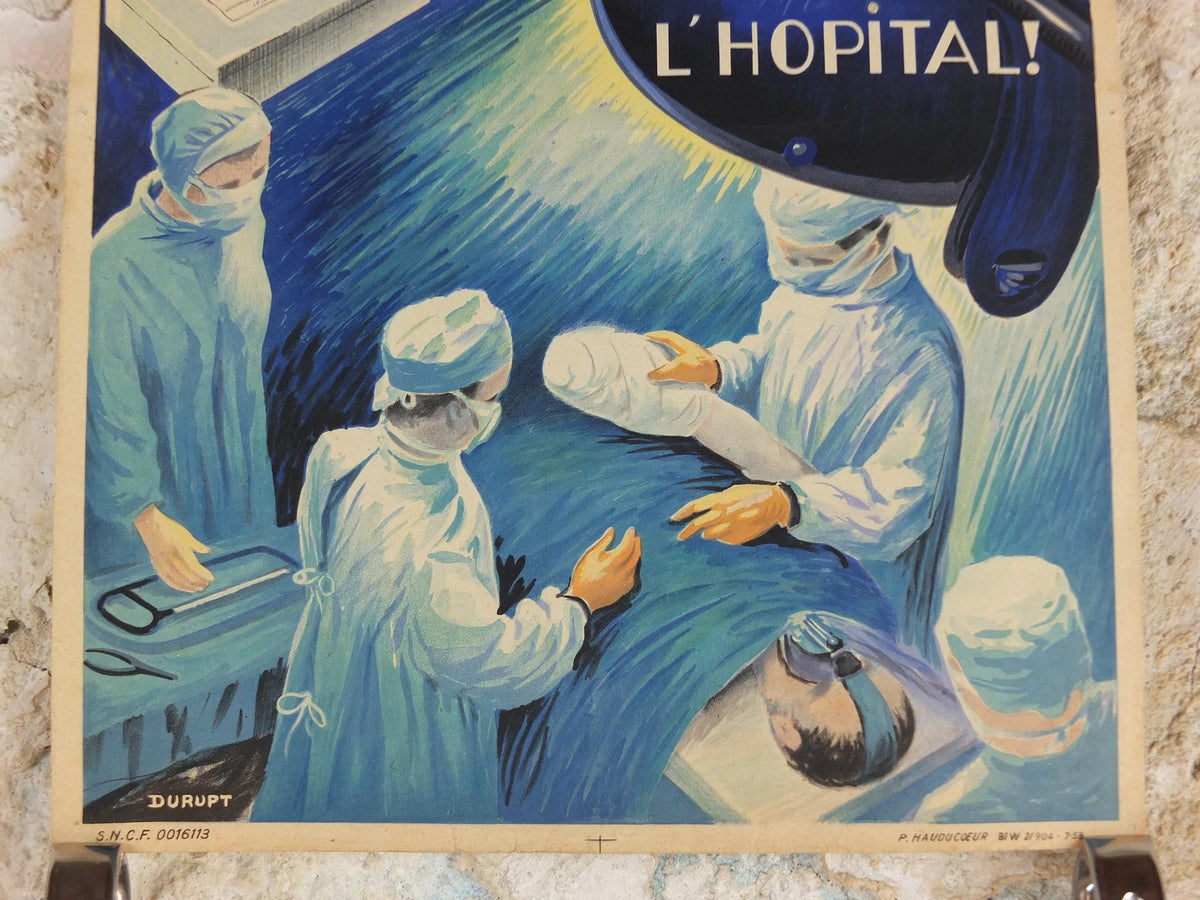 1950s Vintage First Aid French, bandages, theatre surgery, doctors, by Durupt, first aid kit, health dangers, retro wall art decor