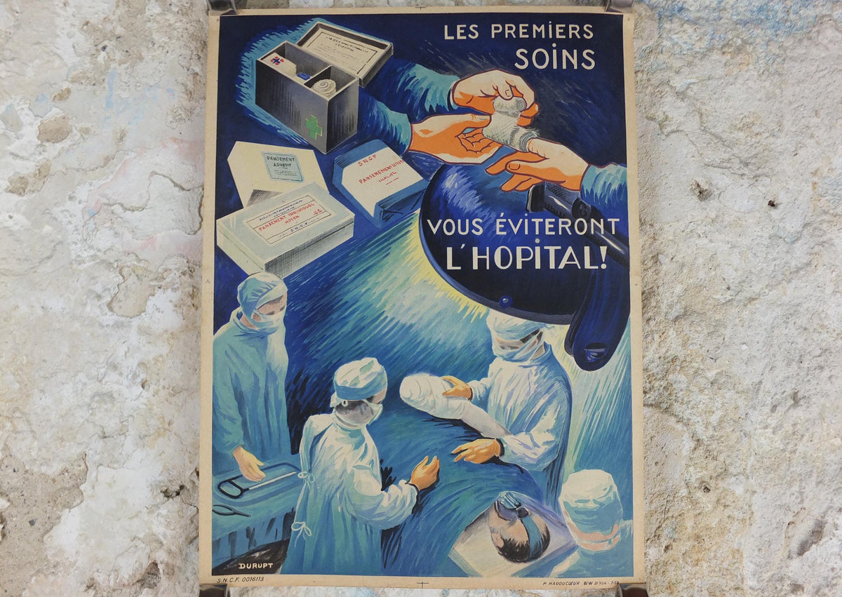 1950s Vintage First Aid French, bandages, theatre surgery, doctors, by Durupt, first aid kit, health dangers, retro wall art decor