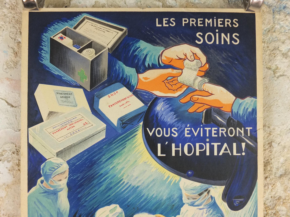 1950s Vintage First Aid French, bandages, theatre surgery, doctors, by Durupt, first aid kit, health dangers, retro wall art decor