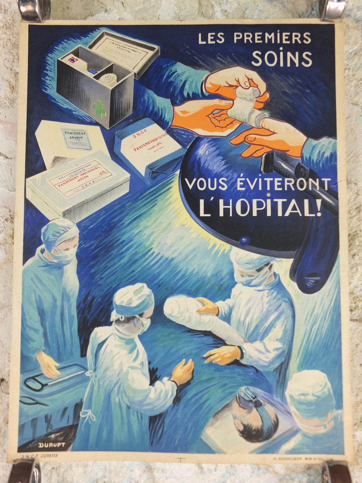 1950s Vintage First Aid French, bandages, theatre surgery, doctors, by Durupt, first aid kit, health dangers, retro wall art decor