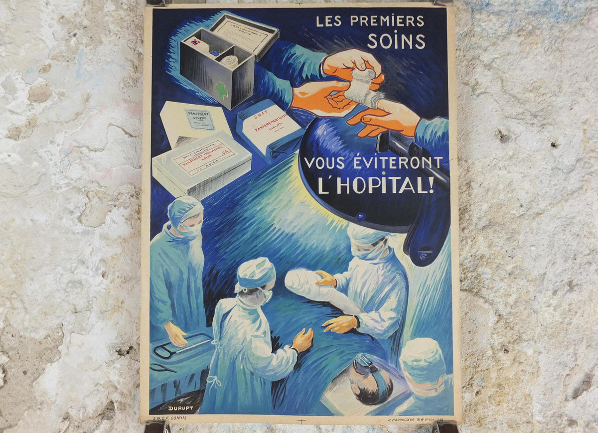 1950s Vintage First Aid French, bandages, theatre surgery, doctors, by Durupt, first aid kit, health dangers, retro wall art decor