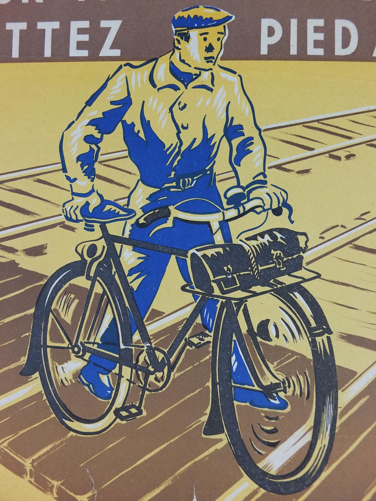 1950s SNCF cycle safety poster, Follow the cycle paths, by Durupt, industrial, train rail dangers, retro wall art decor