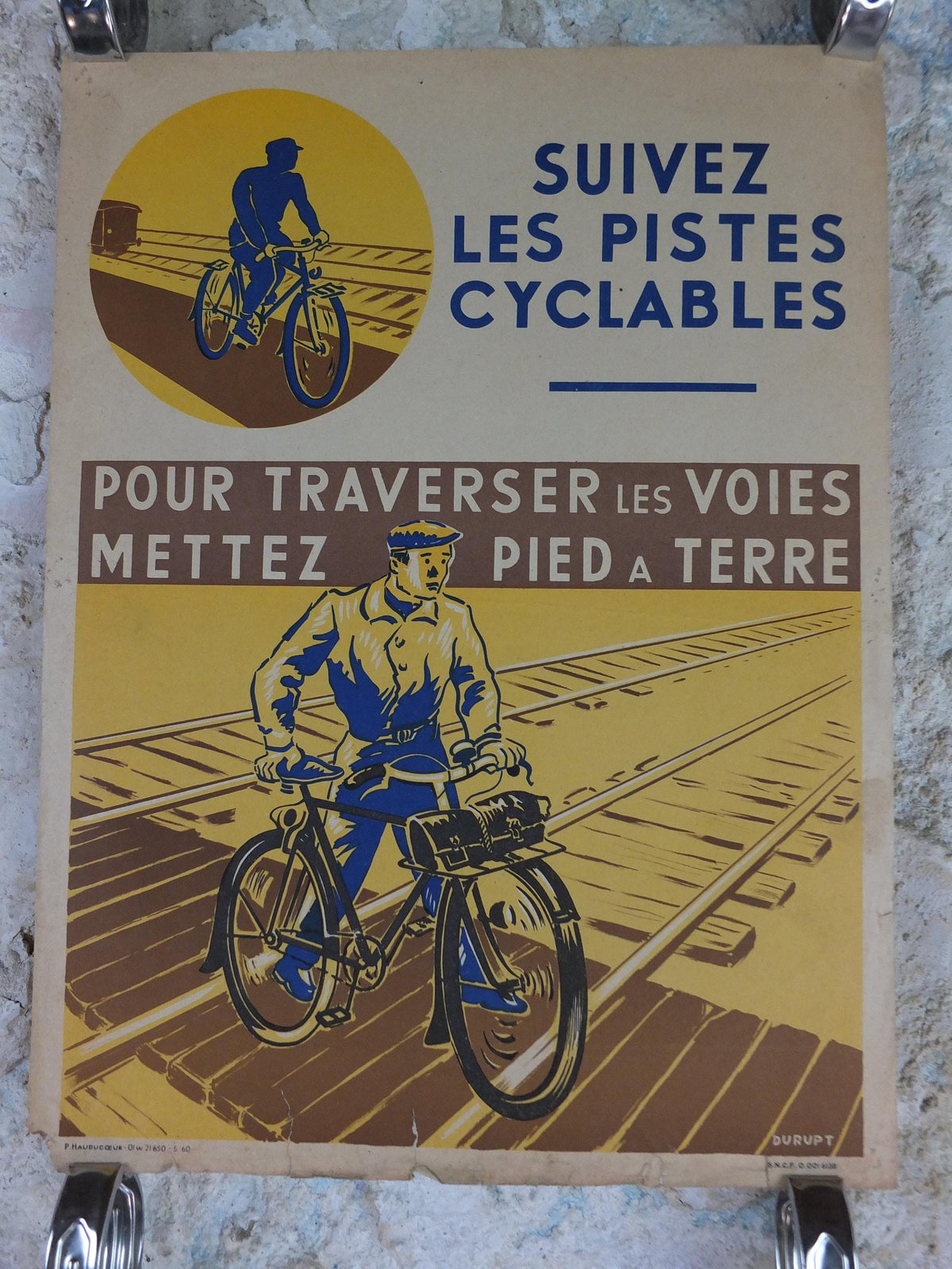 1950s SNCF cycle safety poster, Follow the cycle paths, by Durupt, industrial, train rail dangers, retro wall art decor