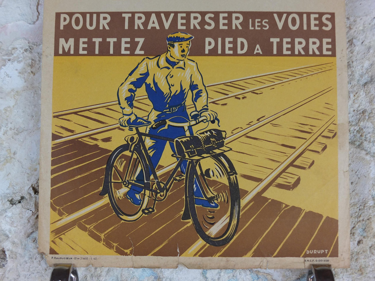 1950s SNCF cycle safety poster, Follow the cycle paths, by Durupt, industrial, train rail dangers, retro wall art decor