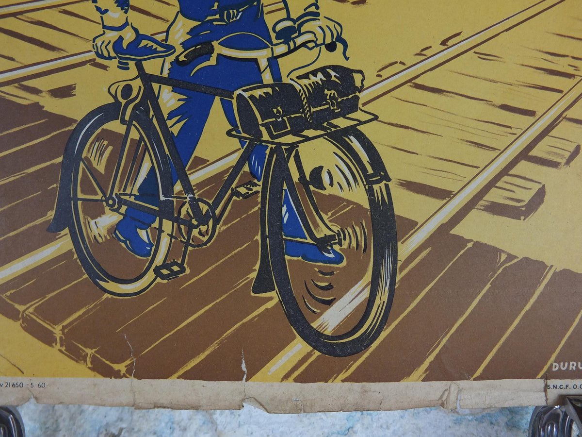 1950s SNCF cycle safety poster, Follow the cycle paths, by Durupt, industrial, train rail dangers, retro wall art decor